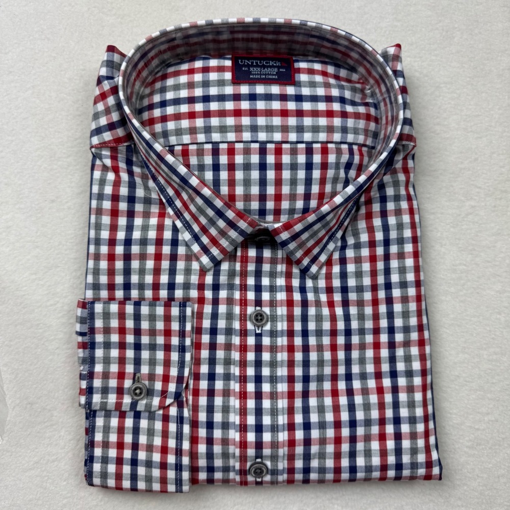 Untuckit Retsina Shirt XXXL Regular Fit Red Blue White Plaid Cotton 3XL‎ NWT